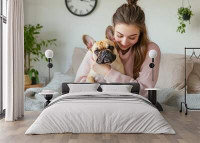 A woman hugging dog Wall mural