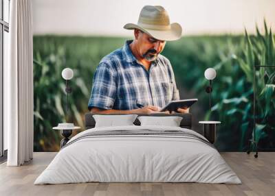 A modern farmer in a corn field using a digital tablet. Farming and agriculture concept. Wall mural