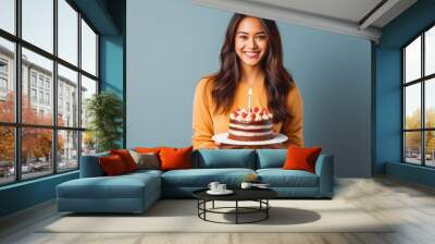 Happy young filipino woman with birthday cake. Smiling woman holding birthday cake. Generative AI Wall mural