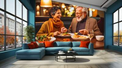 Older couple eating indian food at restaurant. Couple on date night with delicious food. Generative AI Wall mural