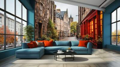 Streets of Edinburgh. Empty cobbled streets of city in Scotland. Wall mural