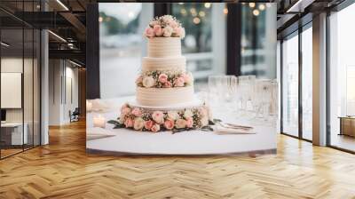 Wedding cake on table. Rich, decadent, beautiful white wedding cake on table at wedding. Generative AI Wall mural