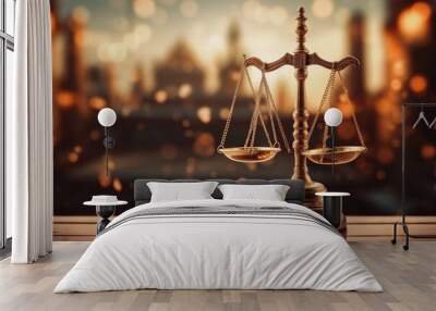 World and wooden gavel with a golden scale for law interpretation. Justice and court concept. Wall mural