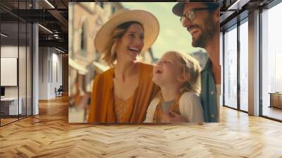 Family Enjoying a Sunny Day Outdoors. A family of three strolls through a sunlit street, exuding warmth and togetherness. Wall mural