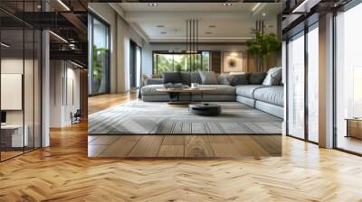 
A modern living room being cleaned by automated robotic cleaners Wall mural