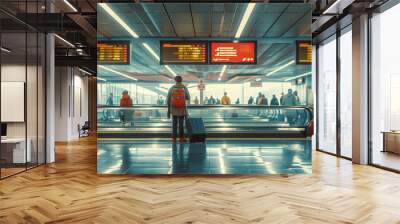 airport baggage claim area with baggage carousel and passengers waiting to receive their bags, showing the beginning or end of a journey Wall mural