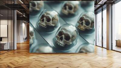 Blister pack of pills shaped like skulls conveys a health hazard warning against misuse Symbolizes danger in medications, addiction or poison Wall mural