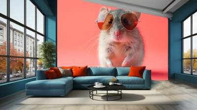 cute funny mouse in big sunglasses, funny photo, place for text, pink background Wall mural