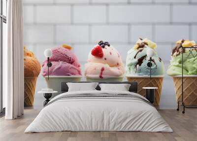 Ice cream scoops in paper cups with chocolate, strawberry, vanilla and green tea flavors Wall mural