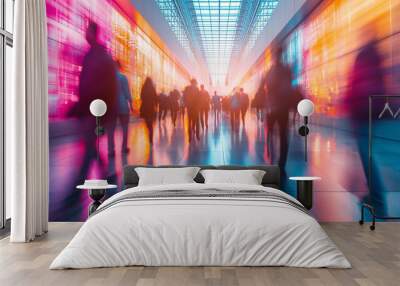 Long exposure shot of a crowd of business people walking through a bright office. Banner with fast moving people with blurring Wall mural