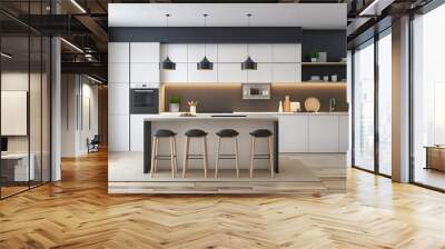 
Real estate photography, interior of a modern scandinavian kitchen in an apartment. Clean, elegant and average ceiling height Wall mural