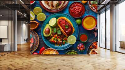 traditional Mexican dishes, tacos, enchiladas, guacamole and salsa on colorful plates with colorful side dishes highlighting the rich flavors and spices of Mexican cuisine Wall mural