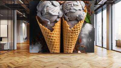 Various flavors of ice cream in cones on a dark stone background. Summer and sweet menu concept Wall mural