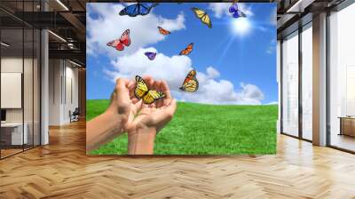 Happy Bright Landscape WIth Butterflies Wall mural