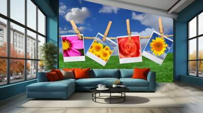 polaroid images of flowers against a beautiful sky grass backgro Wall mural