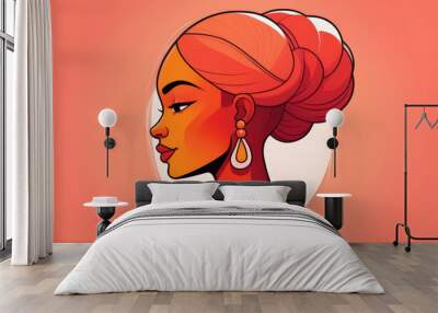 Elegant Profile of an African Woman in Vector Art. The elegance and sophistication of an African woman in a side profile view. Detailed hairstyle, adorned with pearls and jewelry, orange background. Wall mural