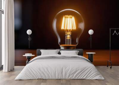 Interior bulb. Decorative antique Edison style light bulb glowing in the dark. Save the energy concept Wall mural