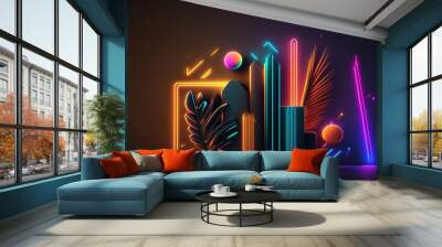 Neon 3D objects background. Generated AI image Wall mural