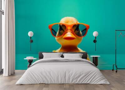 Funny duck in sunglasses in trendy style on colorful background. Portrait pet summer. Pet care, generated AI Wall mural