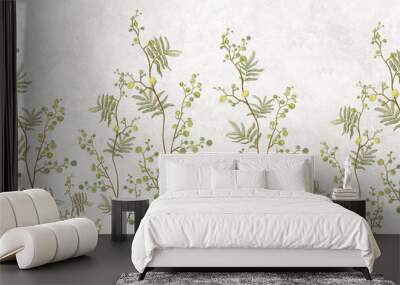 Seamless pattern of decorative plants with yellow flowers on a light background. Fresco, mural Wallpaper for interior printing. Wall mural