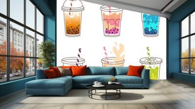 Set colorful glasses of bubble milk tea with sticks and tapioca in flat style isolated on white background. For print, design, poster Wall mural