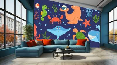 Set isolated colorful hand drawn marine animals and objects underwater world in flat vector style on dark blue background. Marine life vector doodles Wall mural