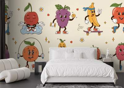 Set isolated different sportive fruits groovy characters in gloves in flat retro classic cartoon style on white background. Illustration for your design, print, card, poster, stickers Wall mural