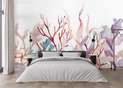  Watercolor seamless border made from seaweeds and coral in pastel colors. Illustration Wall mural