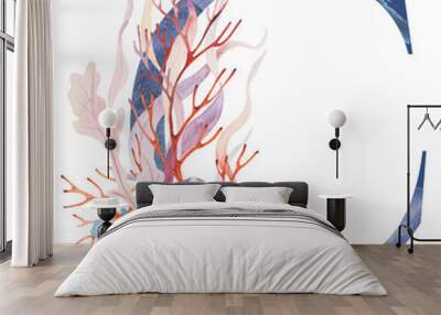 Blue capital letter C decorated with watercolor seaweeds, corals and seashells illustration. Wall mural