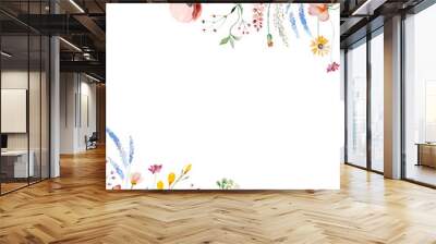 Border made of watercolor wild flowers and leaves, summer wedding and greeting illustration Wall mural