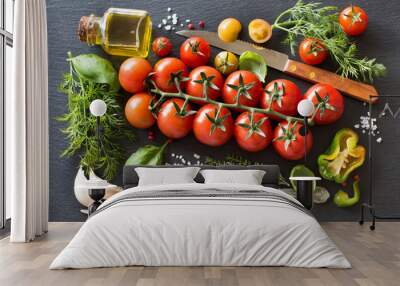 Cherry tomatoes, herbs and olive oil Wall mural