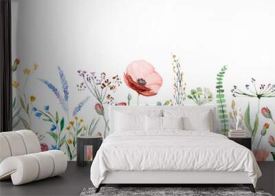 Seamless border made of watercolor wildflowers and leaves, wedding and greeting illustration Wall mural