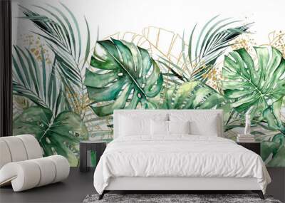 Seamless border with green and golden watercolor tropical leaves illustration Wall mural