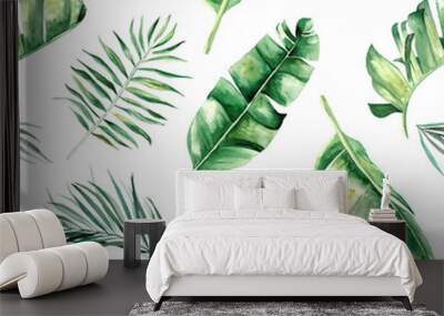 Watercolor tropical leaves seamless pattern illustration Wall mural