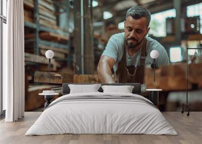  man is busy crafting wooden piece at a factory, showcasing skills in woodworking and craftsmanship Wall mural