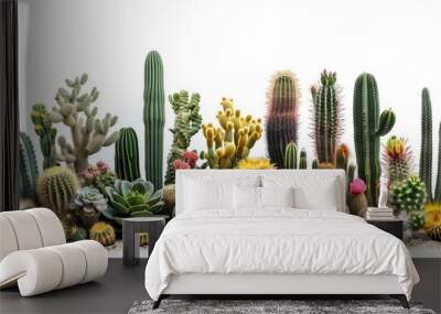 A collection of different types of cactus on a white background Wall mural