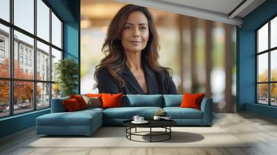 A portrait of an attractive middle-aged Hispanic businesswoman standing in her modern office, looking at the camera with a confident smile and her arms crossed Wall mural