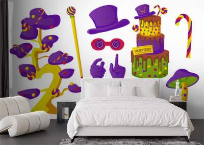 A set on the theme of a Chocolate Factory. Hat, cake, golden ticket, glasses and more. Vector Wall mural