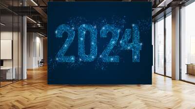 Abstract isolated blue image of new year number 2024. Polygonal low poly wireframe illustration looks like stars in the blask night sky in spase or flying glass shards. Digital web, internet design. Wall mural