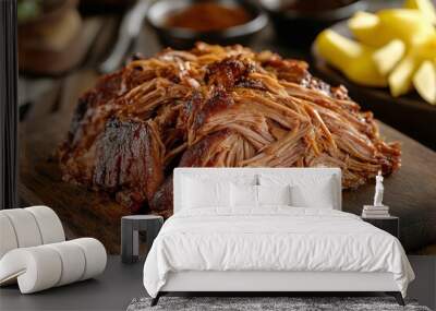 Appetizing Baked pork ribs with rosemary on wooden board, closeup Wall mural