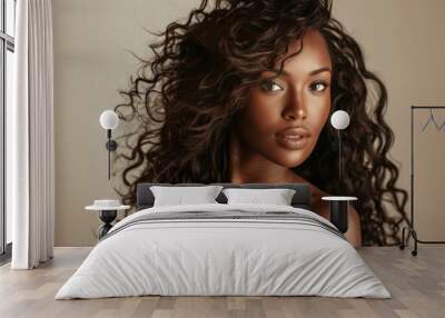 Beautiful African American woman with long curly hair posing for product photography Wall mural