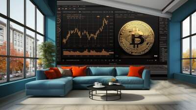 Bitcoin on the background of the monitor of the laptop. Vector illustration Wall mural