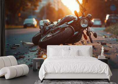 Broken motorcycle on the asphalt road in the rain. The concept of accident Wall mural