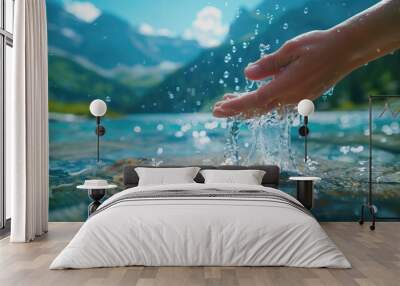 Close-up of a hand splashing water on the mountain lake Wall mural