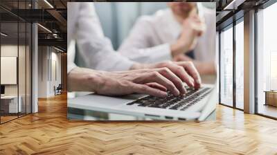 Closeup view of two young coworkers working on mobile laptop computer at office Wall mural