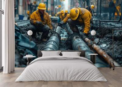 Construction workers installing steel casing pipes for a water pipeline project Wall mural