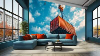 Container cargo freight ship with working crane hook on blue sky background Wall mural