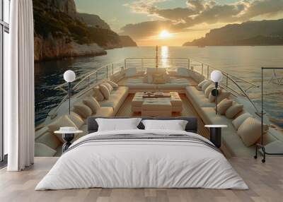 Cruise ship deck at sunset. Luxury yacht in the sea. Wall mural