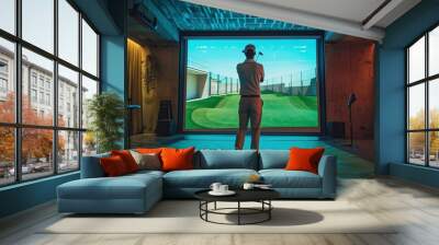 Golfer playing golf in indoor simulator Mixed media Wall mural