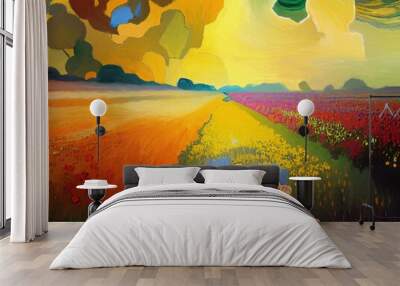 Graphic painting digital art rural colorful landscape at evening, field and hills, bright colors. Art print Wall mural